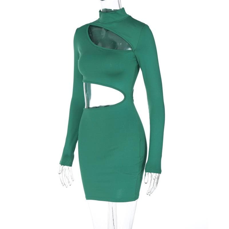 Y2K Aesthetic Long Sleeve High Neck Cut-Out Mini Dress - Grunge & Coquette Style