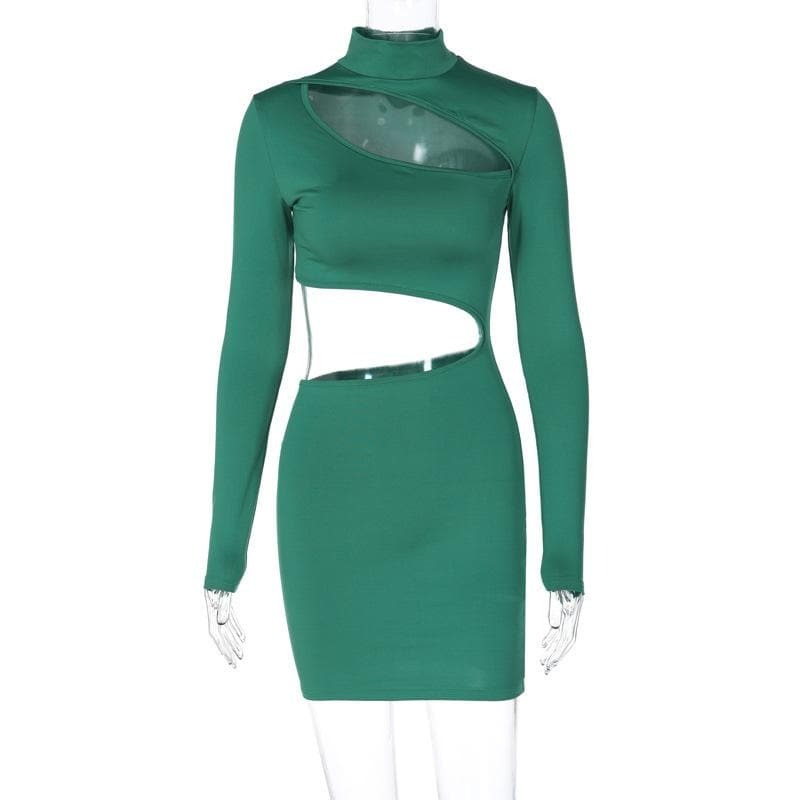 Y2K Aesthetic Long Sleeve High Neck Cut-Out Mini Dress - Grunge & Coquette Style