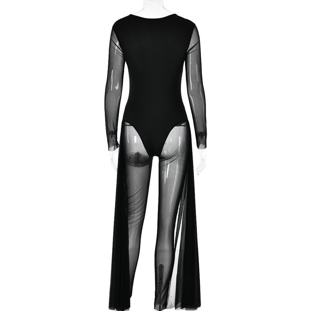Y2K Aesthetic Long Sleeve Mesh Zip-Up Jumpsuit - Grunge & Coquette Style Fusion