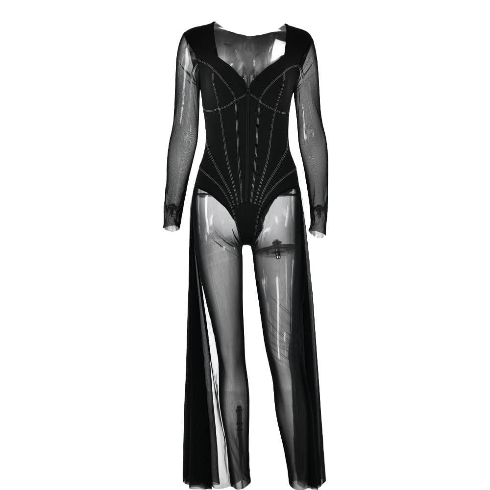Y2K Aesthetic Long Sleeve Mesh Zip-Up Jumpsuit - Grunge & Coquette Style Fusion