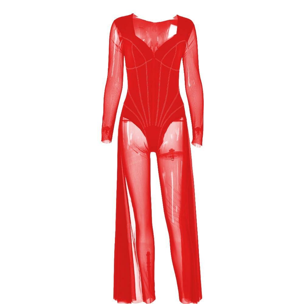 Y2K Aesthetic Long Sleeve Mesh Zip-Up Jumpsuit - Grunge & Coquette Style Fusion