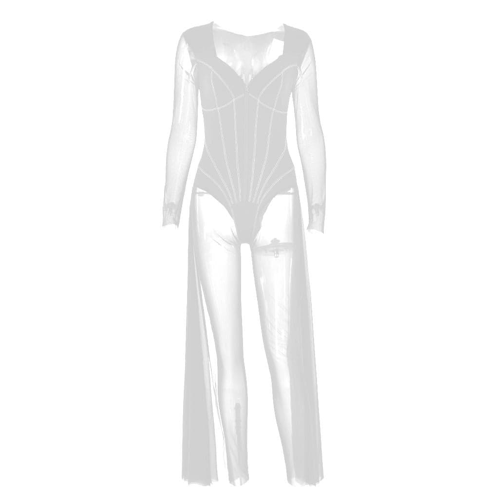 Y2K Aesthetic Long Sleeve Mesh Zip-Up Jumpsuit - Grunge & Coquette Style Fusion