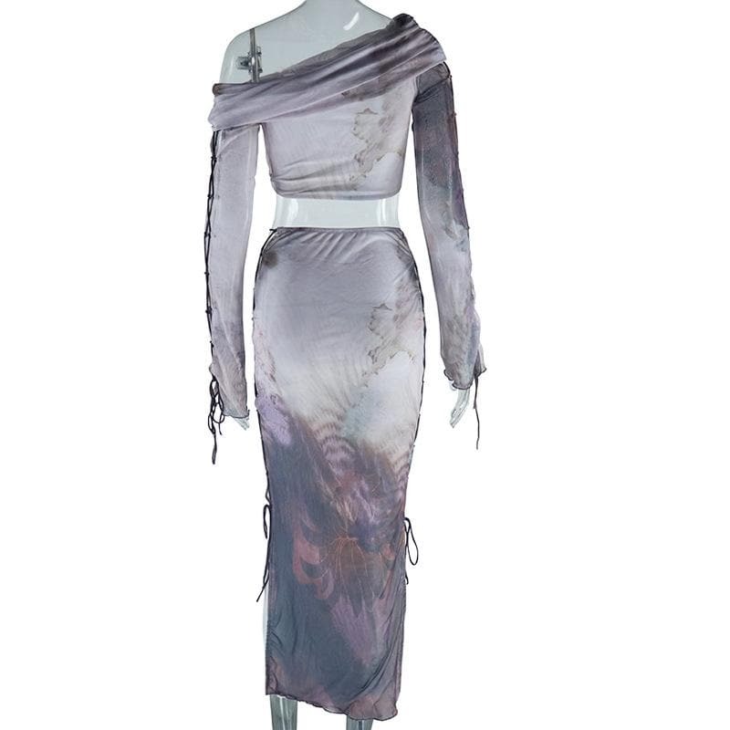 Y2K Aesthetic Long Sleeve One Shoulder Lace-Up Ruched Midi Skirt Set for Trendy Looks