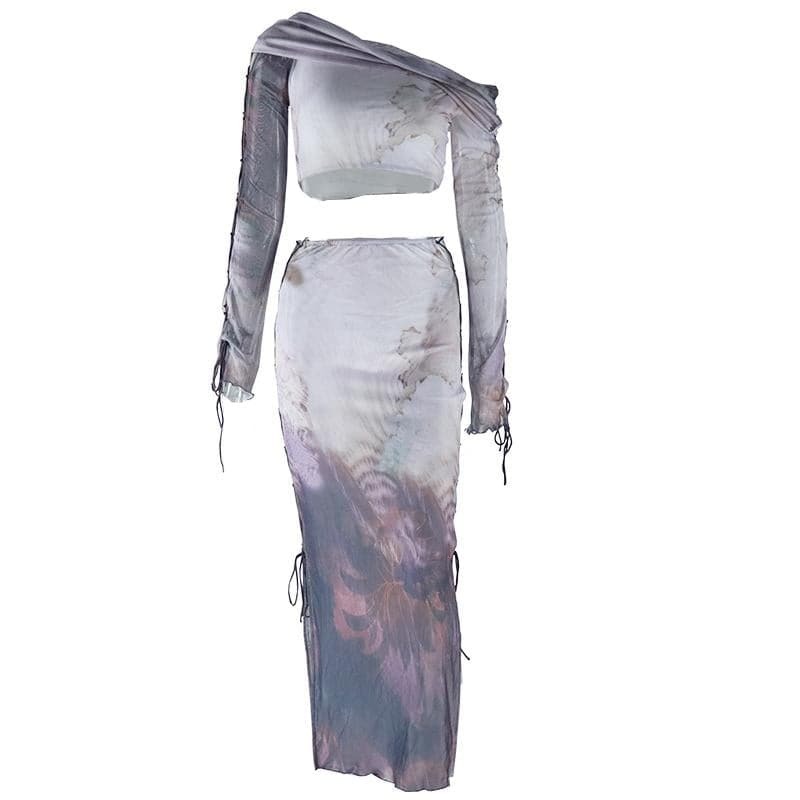 Y2K Aesthetic Long Sleeve One Shoulder Lace-Up Ruched Midi Skirt Set for Trendy Looks