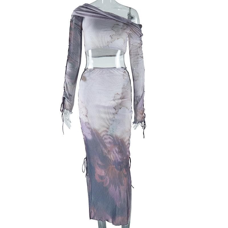 Y2K Aesthetic Long Sleeve One Shoulder Lace-Up Ruched Midi Skirt Set for Trendy Looks