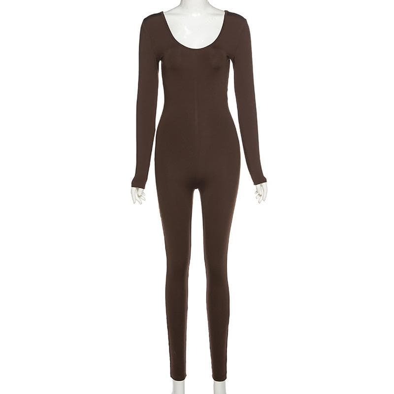 Y2K Aesthetic Long Sleeve U-Neck Low Cut Jumpsuit - Cute Grunge & Coquette Style