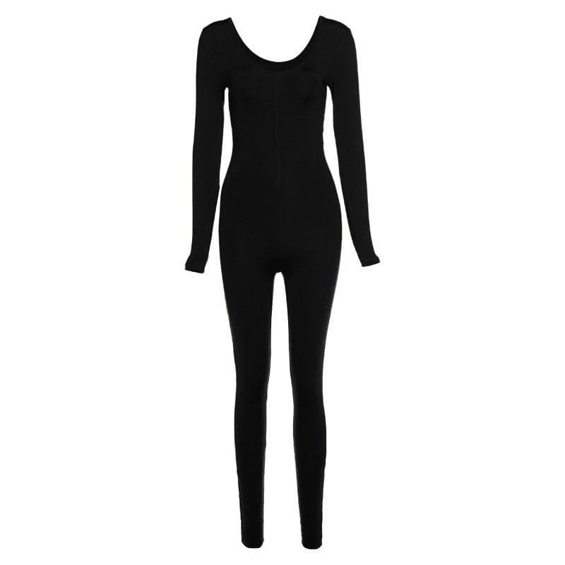 Y2K Aesthetic Long Sleeve U-Neck Low Cut Jumpsuit - Cute Grunge & Coquette Style
