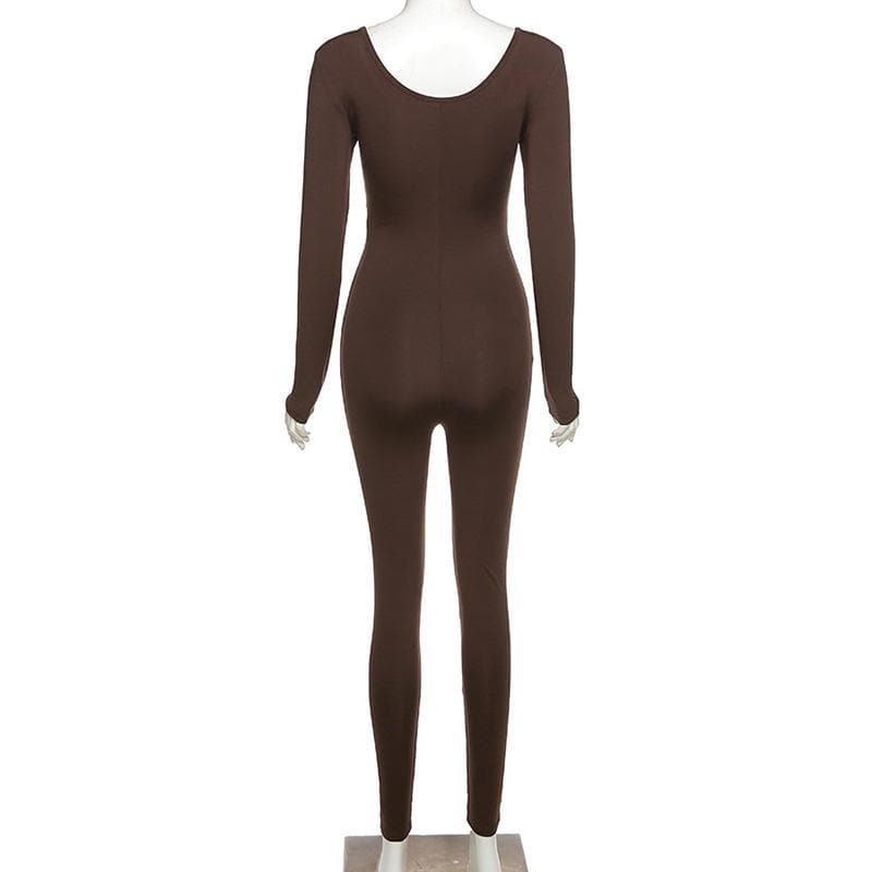 Y2K Aesthetic Long Sleeve U-Neck Low Cut Jumpsuit - Cute Grunge & Coquette Style