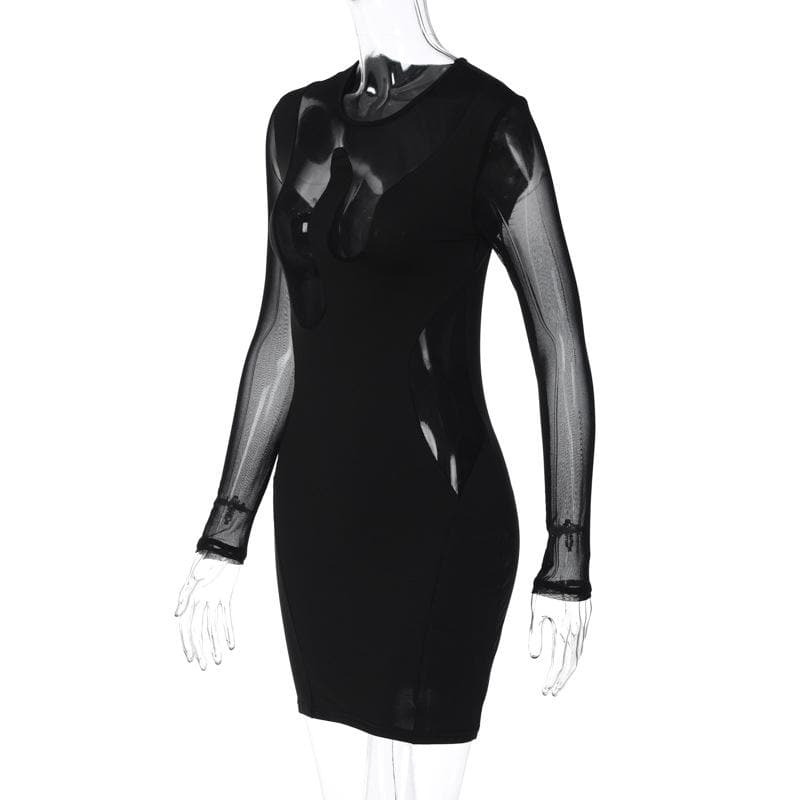 Y2K Aesthetic Mesh Long Sleeve Patchwork Mini Dress - Cute Grunge & Coquette Style