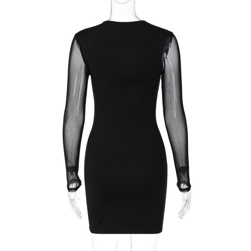 Y2K Aesthetic Mesh Long Sleeve Patchwork Mini Dress - Cute Grunge & Coquette Style
