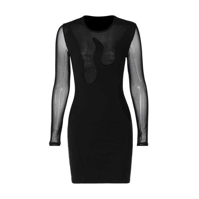 Y2K Aesthetic Mesh Long Sleeve Patchwork Mini Dress - Cute Grunge & Coquette Style