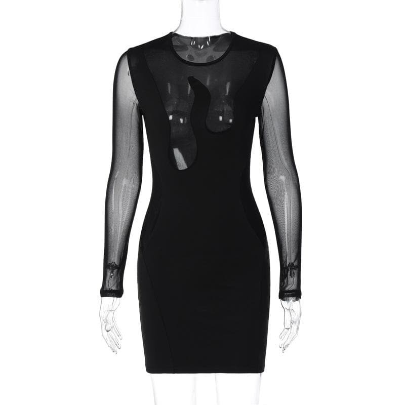 Y2K Aesthetic Mesh Long Sleeve Patchwork Mini Dress - Cute Grunge & Coquette Style