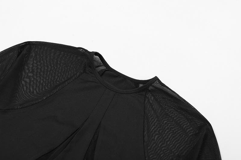 Y2K Aesthetic Mesh Patchwork Long Sleeve Bodysuit - Cute Grunge & Coquette Style Top