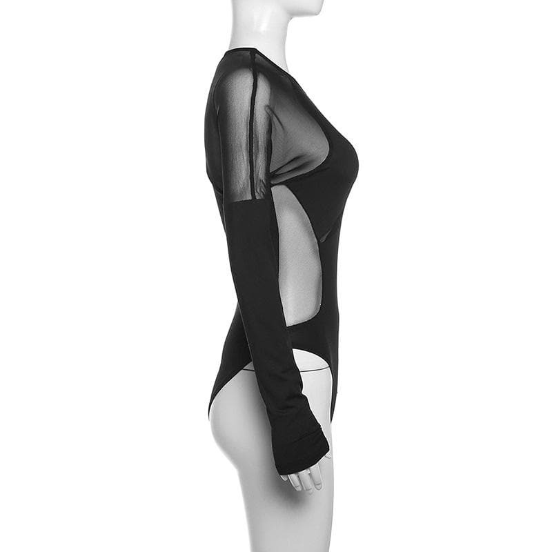 Y2K Aesthetic Mesh Patchwork Long Sleeve Bodysuit - Cute Grunge & Coquette Style Top