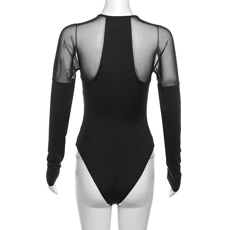 Y2K Aesthetic Mesh Patchwork Long Sleeve Bodysuit - Cute Grunge & Coquette Style Top