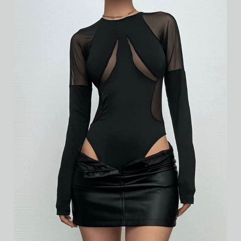 Y2K Aesthetic Mesh Patchwork Long Sleeve Bodysuit - Cute Grunge & Coquette Style Top