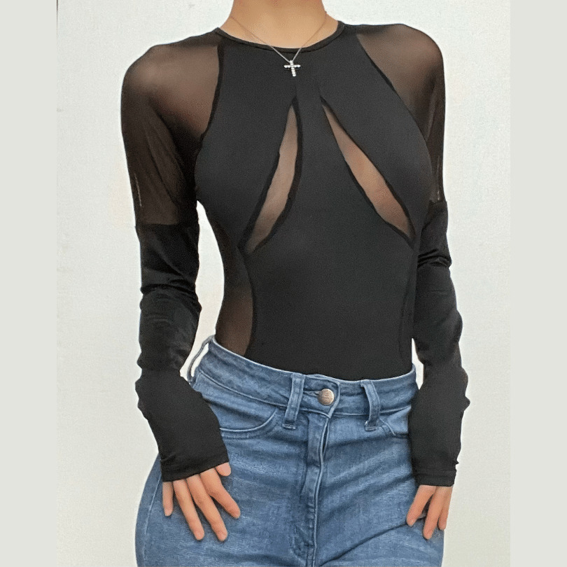Y2K Aesthetic Mesh Patchwork Long Sleeve Bodysuit - Cute Grunge & Coquette Style Top