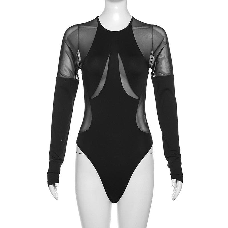 Y2K Aesthetic Mesh Patchwork Long Sleeve Bodysuit - Cute Grunge & Coquette Style Top