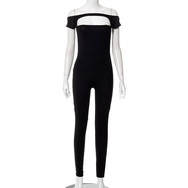 Y2K Aesthetic Off-Shoulder Hollow Out Jumpsuit - Cute Grunge & Coquette Style Outfit