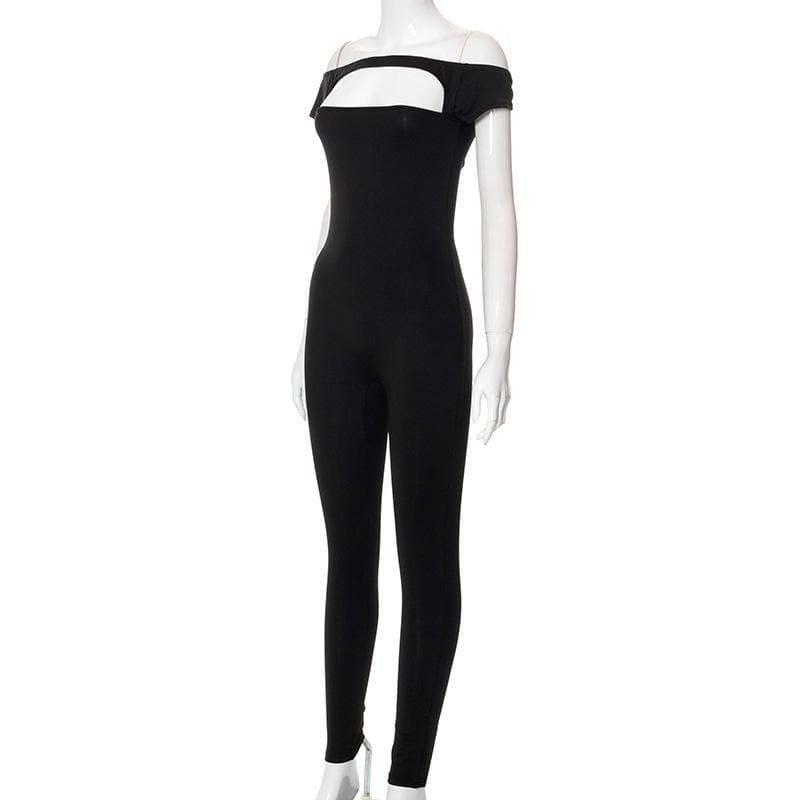 Y2K Aesthetic Off-Shoulder Hollow Out Jumpsuit - Cute Grunge & Coquette Style Outfit