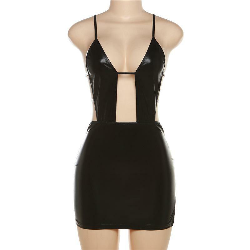 Y2K Aesthetic PU Leather Backless Mini Dress with Hollow Out Cutouts for Grunge & Coquette Style