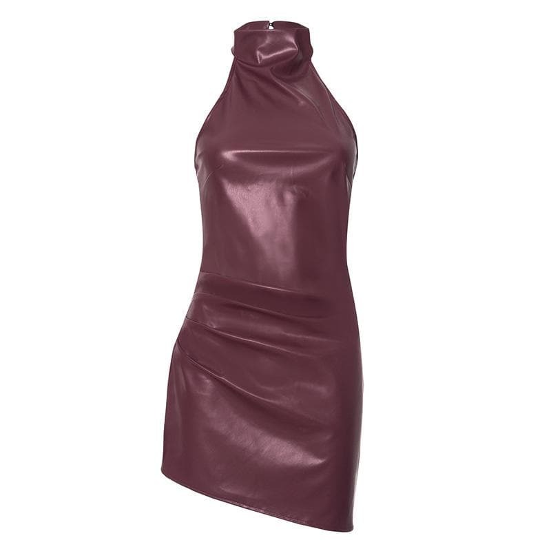 Y2K Aesthetic PU Leather Halter Ruched Button Mini Dress - Cute Grunge & Coquette Style