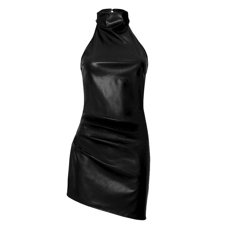 Y2K Aesthetic PU Leather Halter Ruched Button Mini Dress - Cute Grunge & Coquette Style