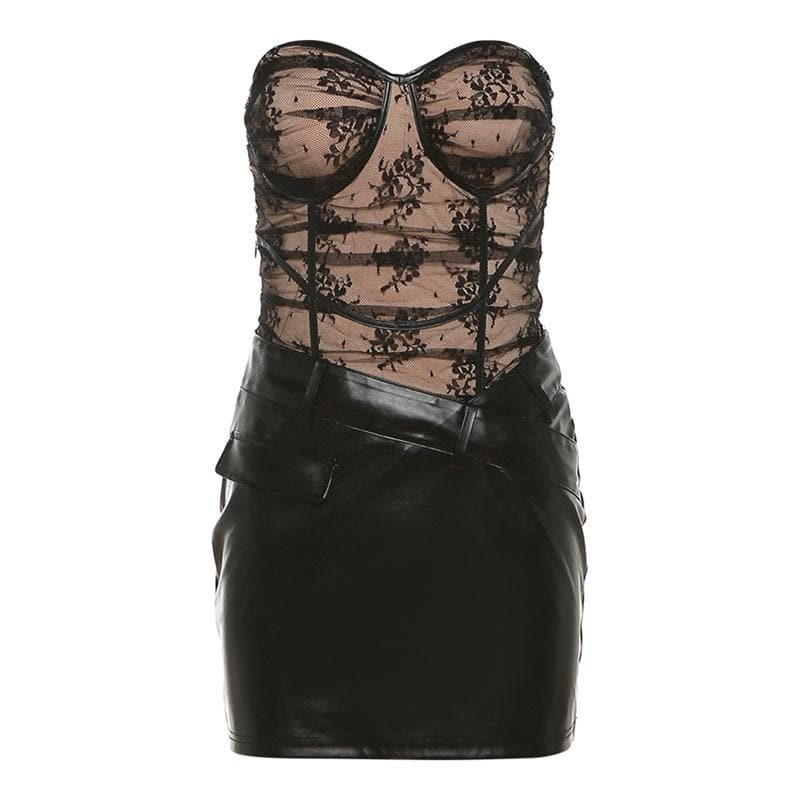 Y2K Aesthetic PU Leather Sweetheart Neck Patchwork Lace Tube Mini Dress for Grunge & Coquette Style