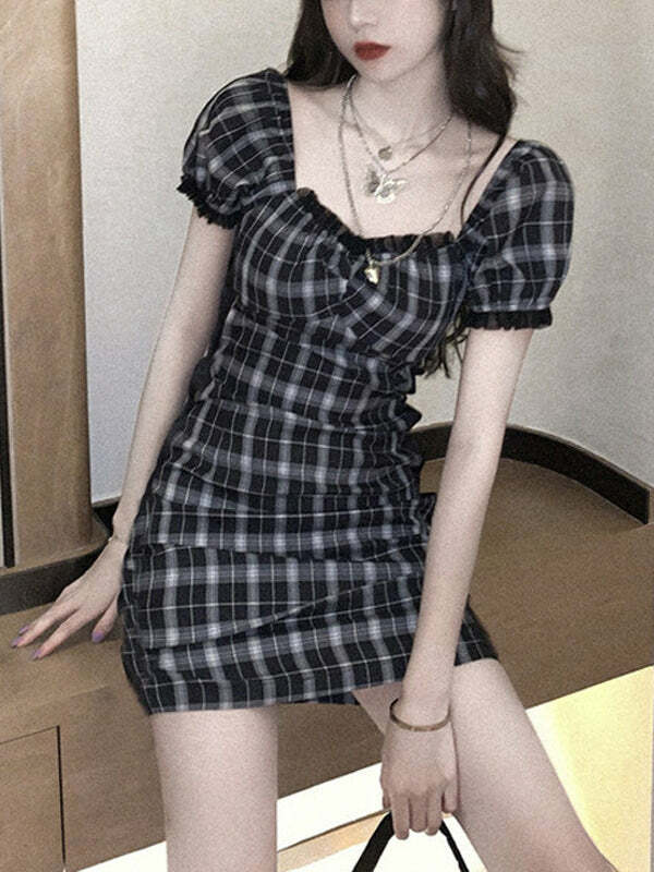 Y2K Aesthetic Puff Sleeve Plaid Dress - Cute Coquette Style for Trendy Outfits