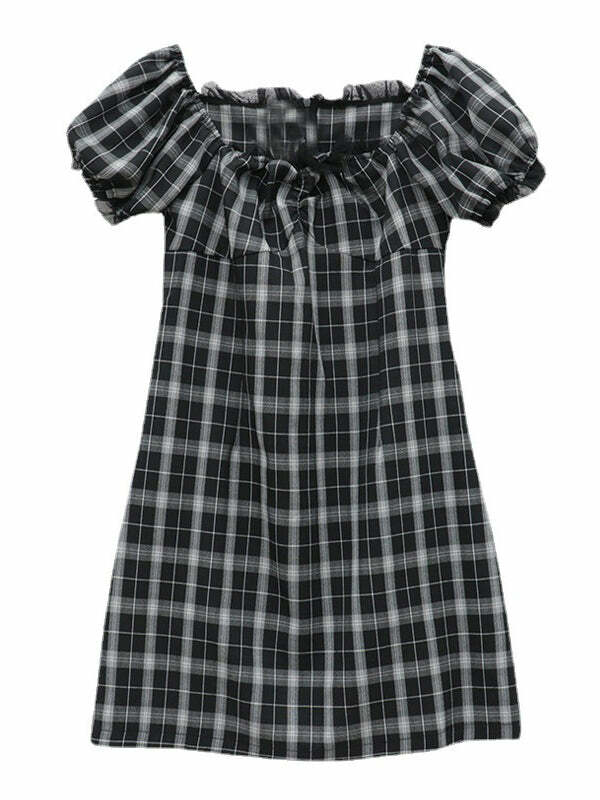 Y2K Aesthetic Puff Sleeve Plaid Dress - Cute Coquette Style for Trendy Outfits