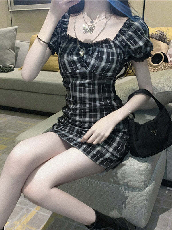 Y2K Aesthetic Puff Sleeve Plaid Dress - Cute Coquette Style for Trendy Outfits