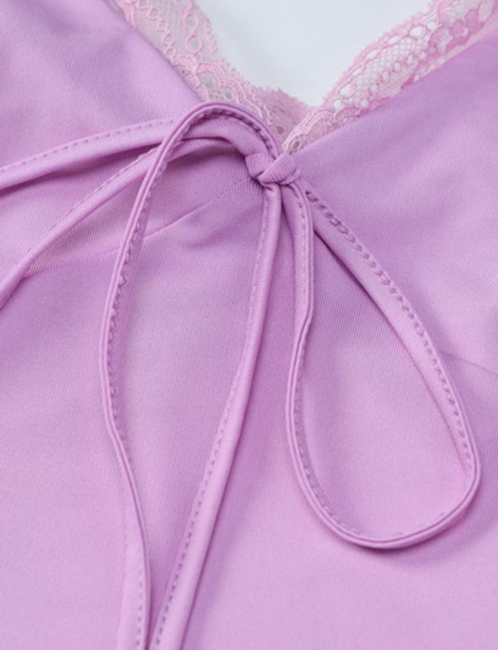 Y2K Aesthetic Purple Midi Dress with Ruffled Sling and Lace Details for Coquette Style