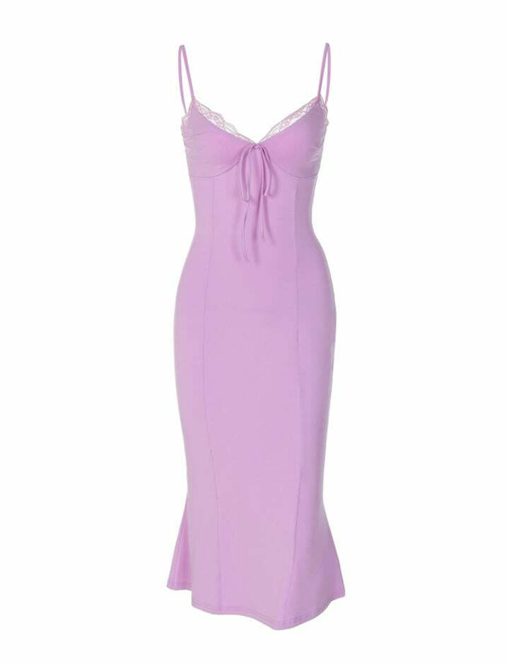 Y2K Aesthetic Purple Midi Dress with Ruffled Sling and Lace Details for Coquette Style