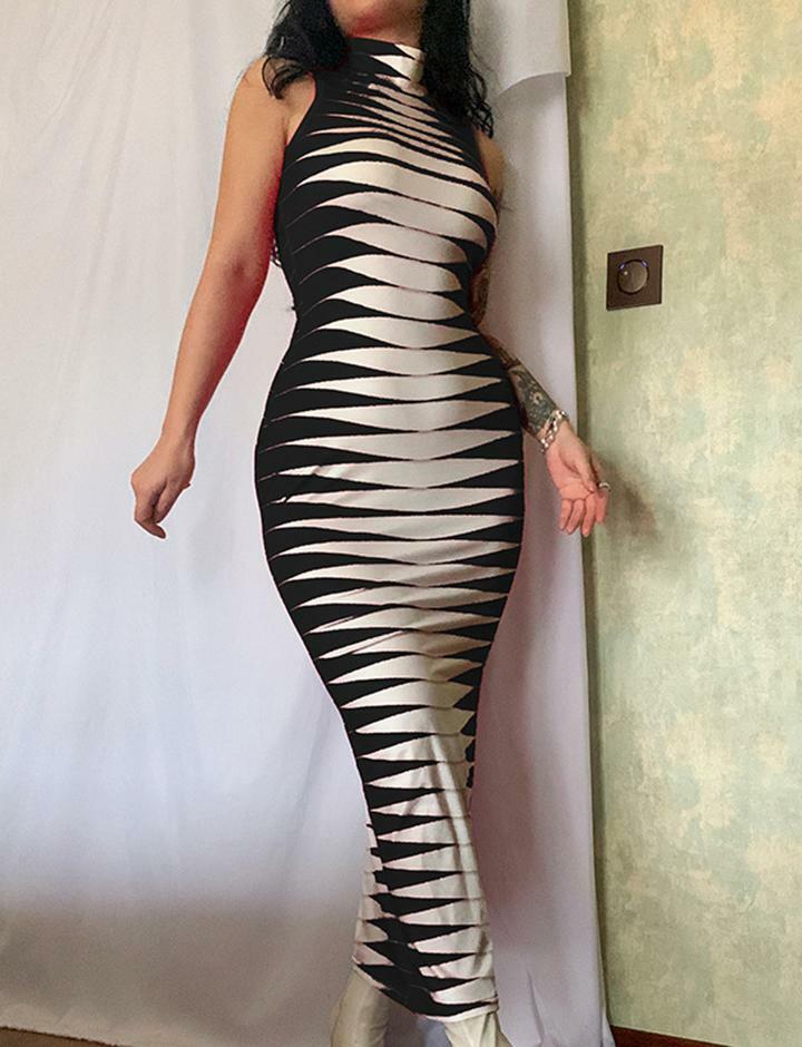 Y2K Aesthetic Red & White Geometric Print Sleeveless Maxi Dress for Trendy Outfits