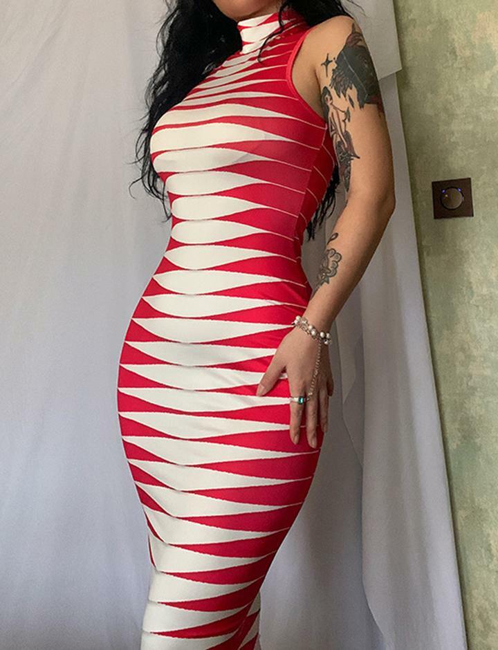 Y2K Aesthetic Red & White Geometric Print Sleeveless Maxi Dress for Trendy Outfits