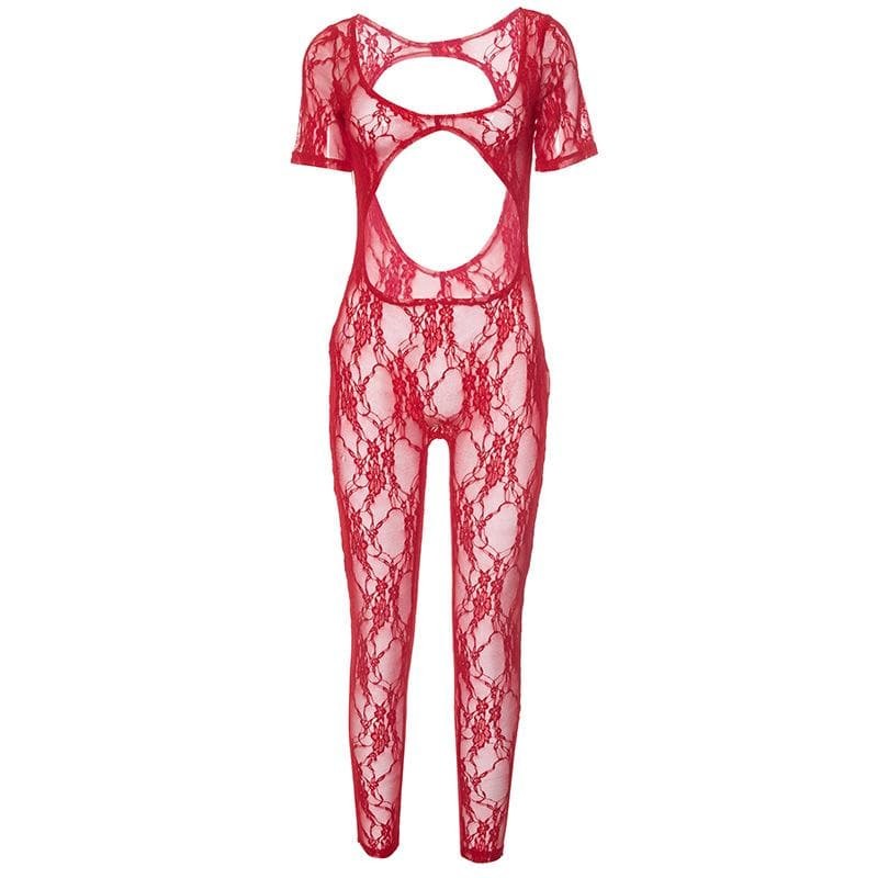 Y2K Aesthetic Short Sleeve U-Neck Lace Jumpsuit - Cute Coquette & Grunge Style Outfit