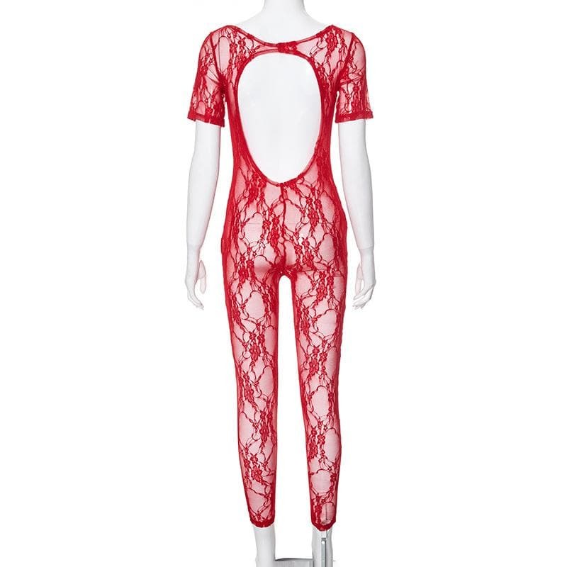 Y2K Aesthetic Short Sleeve U-Neck Lace Jumpsuit - Cute Coquette & Grunge Style Outfit