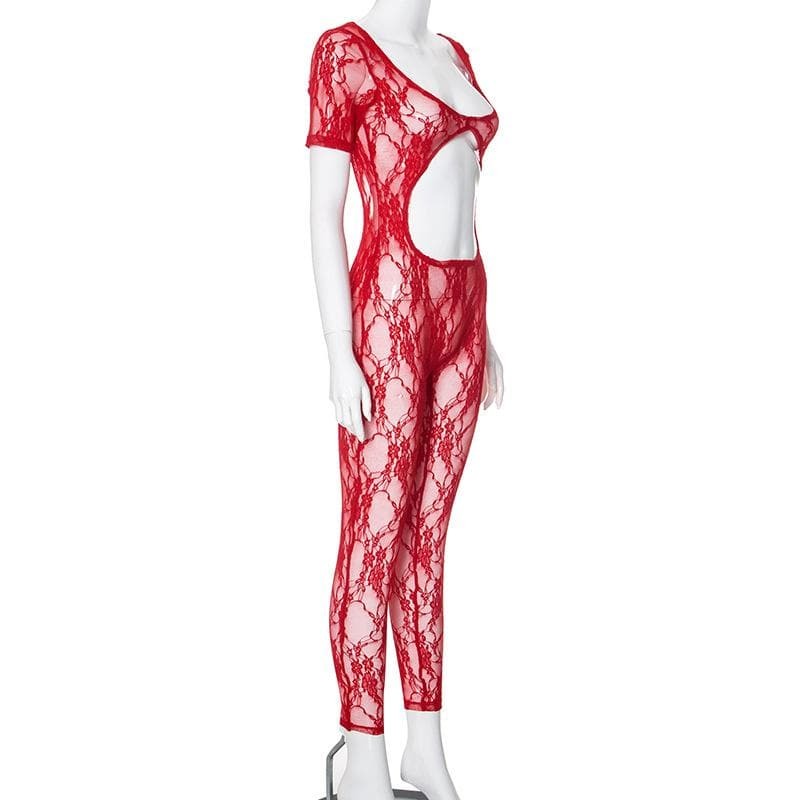 Y2K Aesthetic Short Sleeve U-Neck Lace Jumpsuit - Cute Coquette & Grunge Style Outfit
