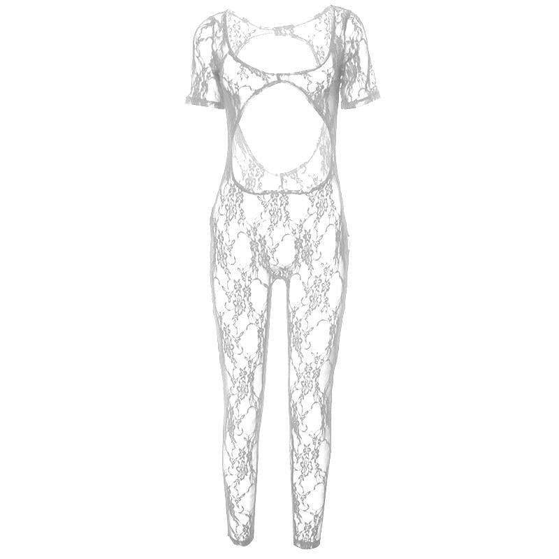 Y2K Aesthetic Short Sleeve U-Neck Lace Jumpsuit - Cute Coquette & Grunge Style Outfit