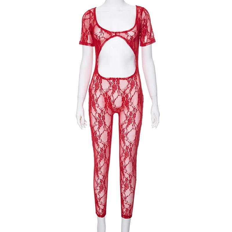Y2K Aesthetic Short Sleeve U-Neck Lace Jumpsuit - Cute Coquette & Grunge Style Outfit