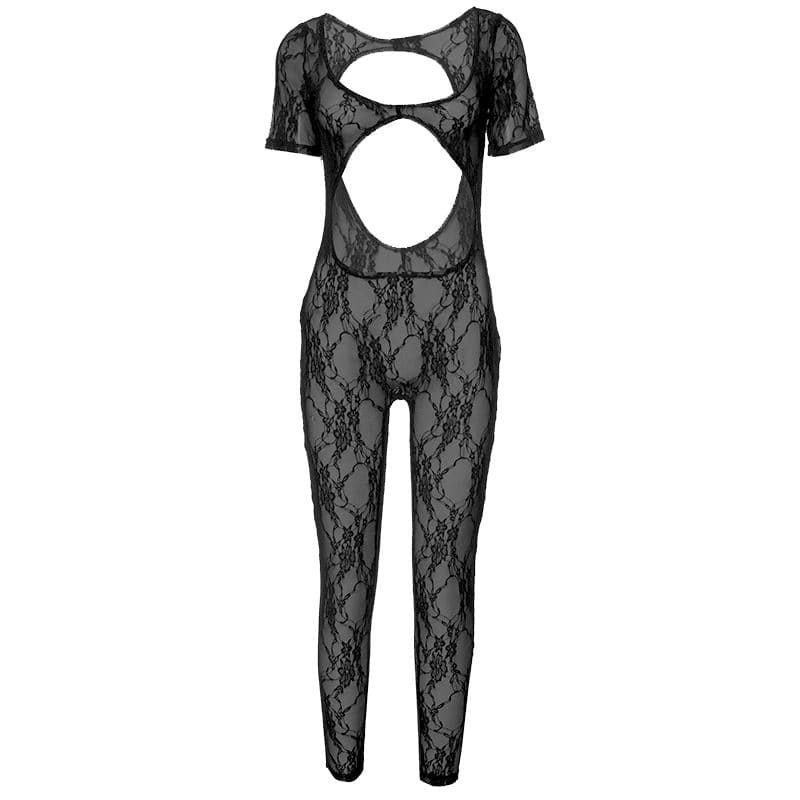 Y2K Aesthetic Short Sleeve U-Neck Lace Jumpsuit - Cute Coquette & Grunge Style Outfit