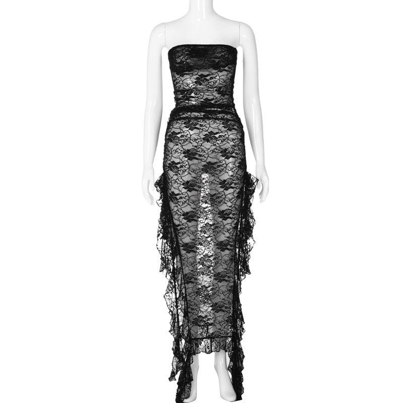 Y2K Aesthetic Slit Ruffle Lace Tube Maxi Dress - Cute Grunge & Coquette Style