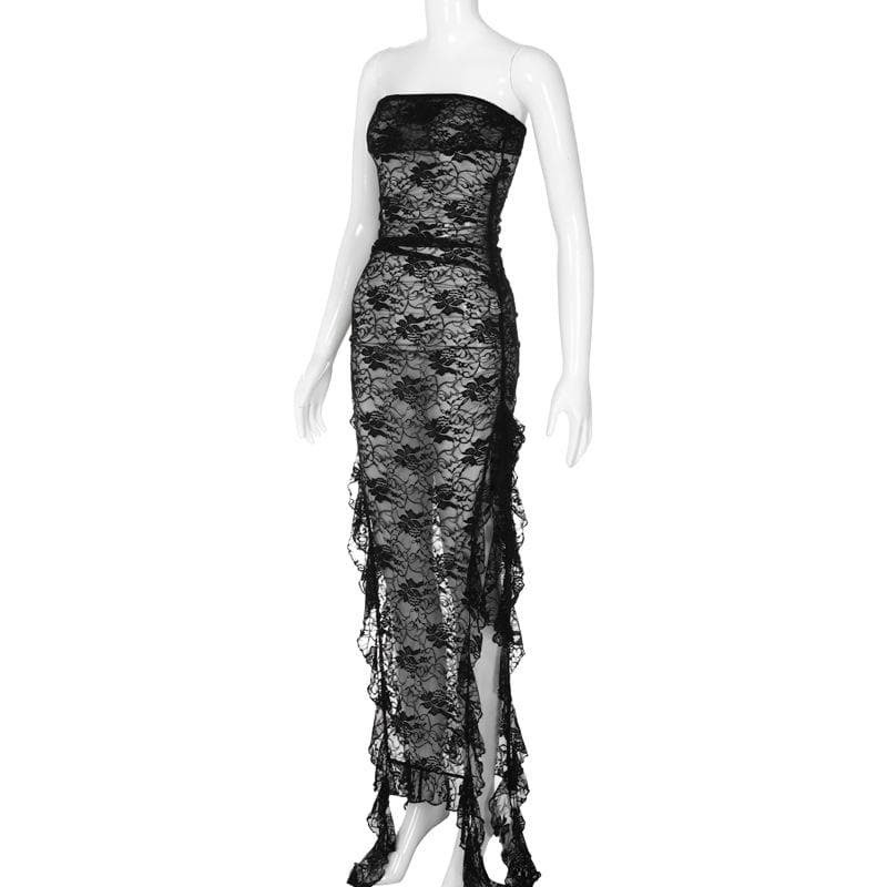 Y2K Aesthetic Slit Ruffle Lace Tube Maxi Dress - Cute Grunge & Coquette Style