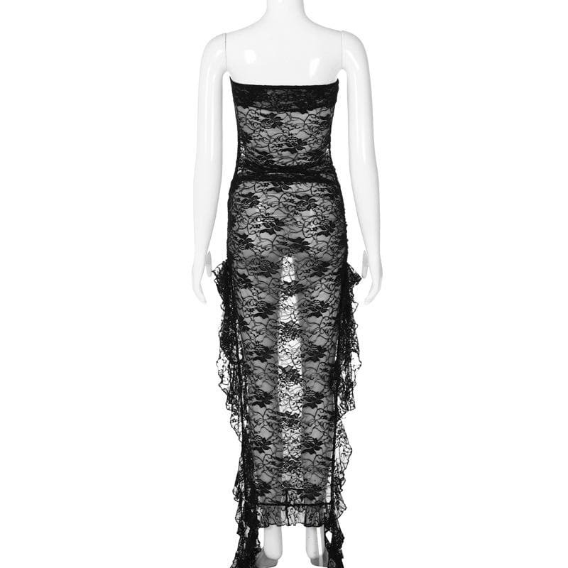 Y2K Aesthetic Slit Ruffle Lace Tube Maxi Dress - Cute Grunge & Coquette Style