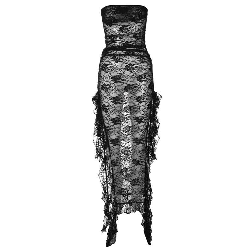 Y2K Aesthetic Slit Ruffle Lace Tube Maxi Dress - Cute Grunge & Coquette Style
