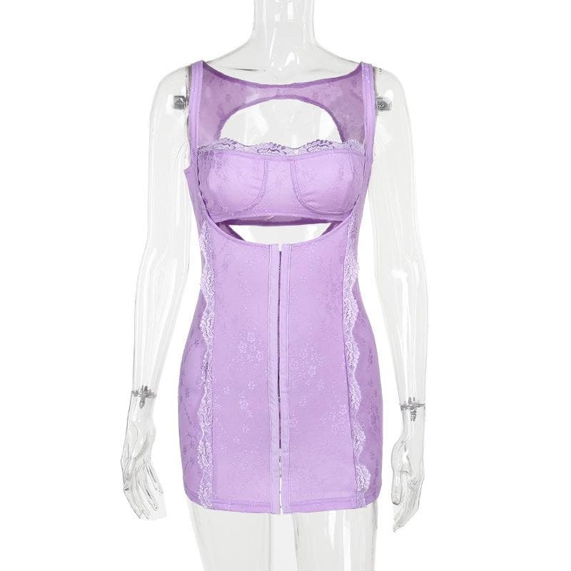 Y2K Aesthetic Square Neck Lace Backless Mini Dress - Cute Coquette & Grunge Style