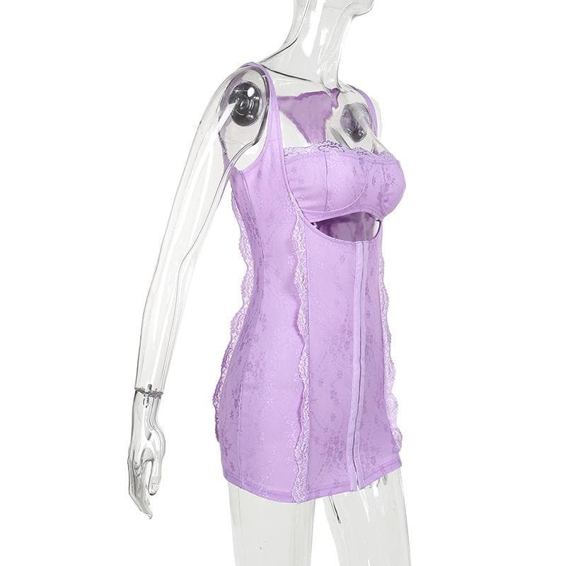 Y2K Aesthetic Square Neck Lace Backless Mini Dress - Cute Coquette & Grunge Style