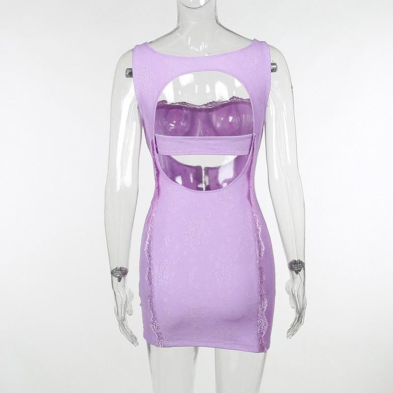 Y2K Aesthetic Square Neck Lace Backless Mini Dress - Cute Coquette & Grunge Style