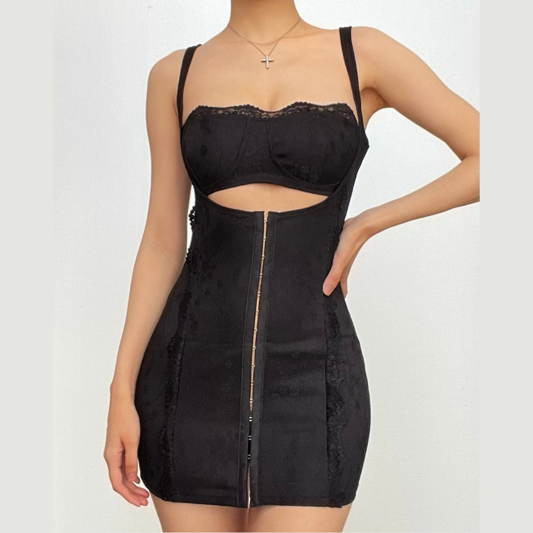 Y2K Aesthetic Square Neck Lace Backless Mini Dress - Cute Coquette & Grunge Style