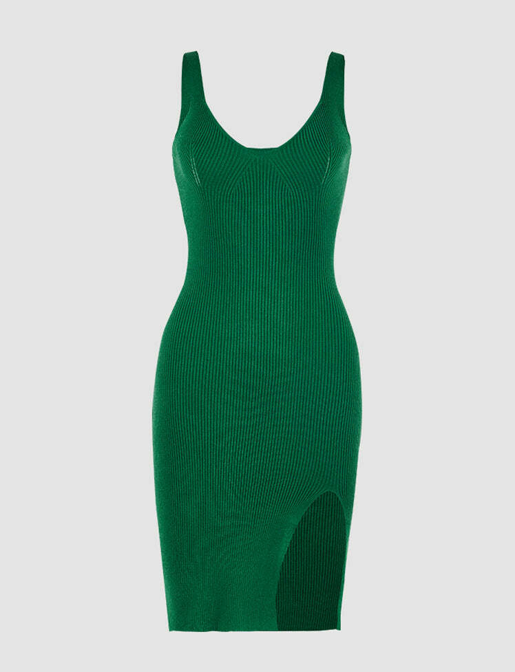 Y2K Aesthetic Square Neck Side Slit Cami Dress - Cute Grunge & Coquette Style Outfit